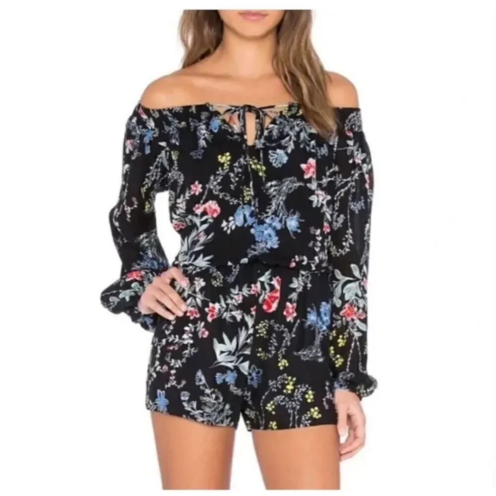 PARKER SILK CLOUD BLACK FLORAL LONG SLEEVE SILK ROMPER WOMENS SIZE M
